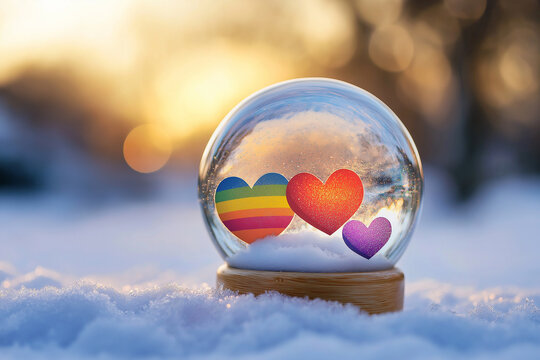 Snow globe with rainbow hearts. LGBT flag, love symbol. Saint Valentine's Day gift. Glass snowglobe filled with lgbt hearts. Snow dome, pride, wedding, decoration, romantic relationship, souvenir