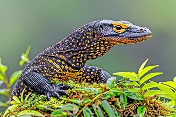 Colorful lizard resting on vibrant green foliage in natural habitat.