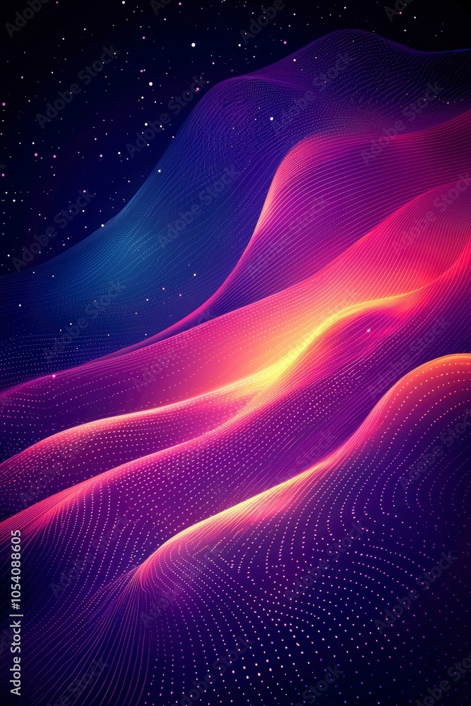 Poster abstract swirling gradient pattern with glittering dots against a dark background