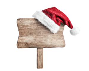 A santa hat hanging on a blank rustic wooden sign board. Transparent background