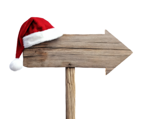 A santa hat hanging on a blank rustic wooden sign board. Transparent background