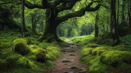 A quiet, hidden trail through a forest, with ancient trees towering overhead and moss-covered stones along the way
