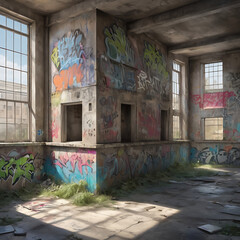 Naklejka premium Abandoned Factory Interior, Sunlit Graffiti Room