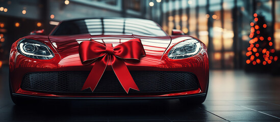 New car concept card with copy space. Auto tied with gift ribbon and bow. Auto dealership and rental. Red car with red ribbon tie on car top. Place for text, close up.