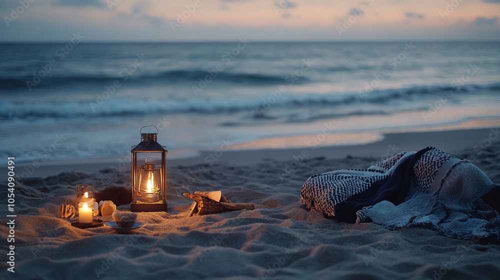 Poster a lantern and candles on a sandy beach at dusk with a blanket and hat in the foreground.