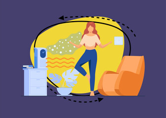 Obraz premium Young woman meditating under warm air flow vector illustration. Happy girl doing yoga and relaxing in room with air conditioner. Relaxation, comfort, air conditioning concept