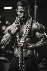 Man with a rope around his waist is posing for a photo. Concept of strength and determination, as the man is holding onto the rope with both hands. The black and white color scheme adds a timeless