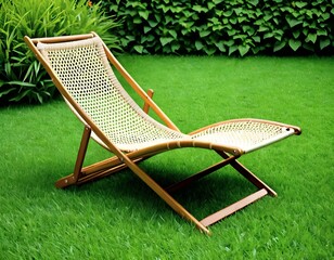 rattan deck chair on green grass in garden