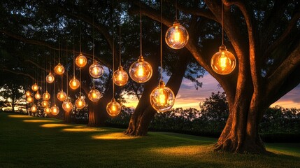 Naklejka premium Row of Edison bulbs casting a cozy glow under a twilight sky, blending the warmth of artificial light with fading daylight colors