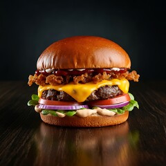 Testy and Juicy Cheeseburger on Wooden Table