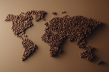 Coffee beans in a shape of world map, creative minimalist flat lay, food photo. Chocolate beans,...