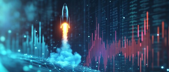 Rocket launching amidst stock chart, symbolizing financial growth and ambition, dynamic movement, vibrant colors, futuristic theme.