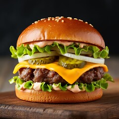 Testy and Juicy Cheeseburger on Wooden Table