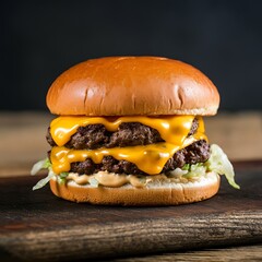 Testy and Juicy Cheeseburger on Wooden Table