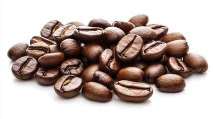 Fototapeta premium Small cluster of coffee beans on white, showing smooth, glossy surfaces and rich brown tones, emphasizing their natural beauty