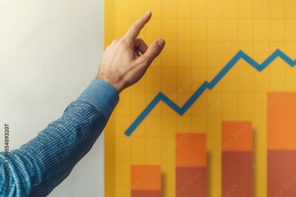 Poster a hand points towards a rising graph on a vibrant yellow background, illustrating an upward trend in
