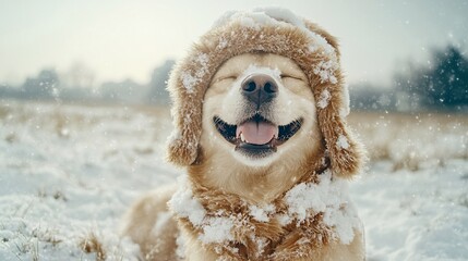 Happy dog ​​wearing ski goggles, looking up realistically and confidently, wallpaper of skiing dog.