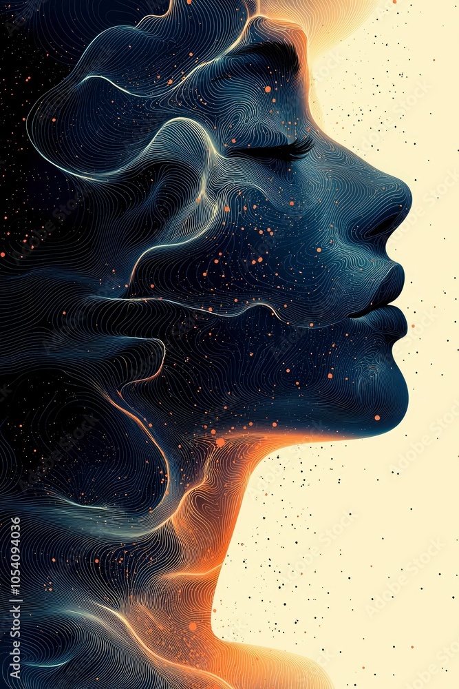 Poster abstract profile portrait with wavy lines and scattered dots