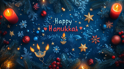 Hanukkah decorations with "Happy Hanukkah" text and menorah, dreidel, and star patterns.