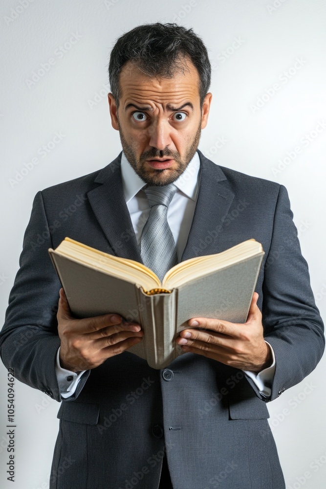 Poster man in a suit is reading a book with a surprised expression on his face. the book is open to a page 