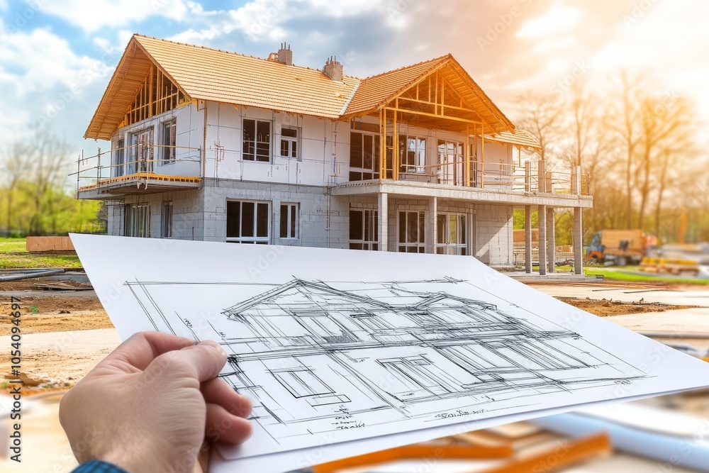 Poster Architect holding blueprints in front of a partially constructed house representing the planning design and execution involved in modern homebuilding and residential development