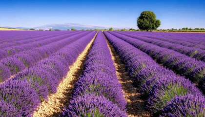 Sunlit field of lavender in full bloom, stretching toward the horizon under a clear blue sky
