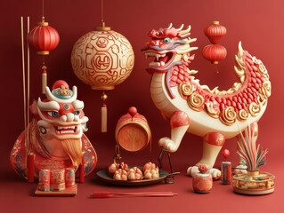 Fototapeta premium 3D Chinese New Year elements icon set rendered with a clipping path, emphasizing traditional symbols and festive visuals.
