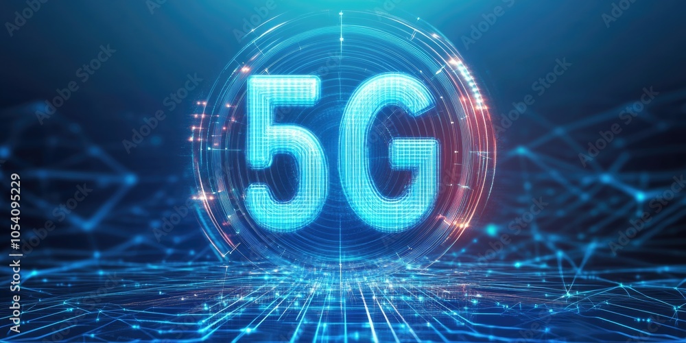 Aufkleber blue and red 5g logo is surrounded by a web of lines. the logo is the center of the image and is sur