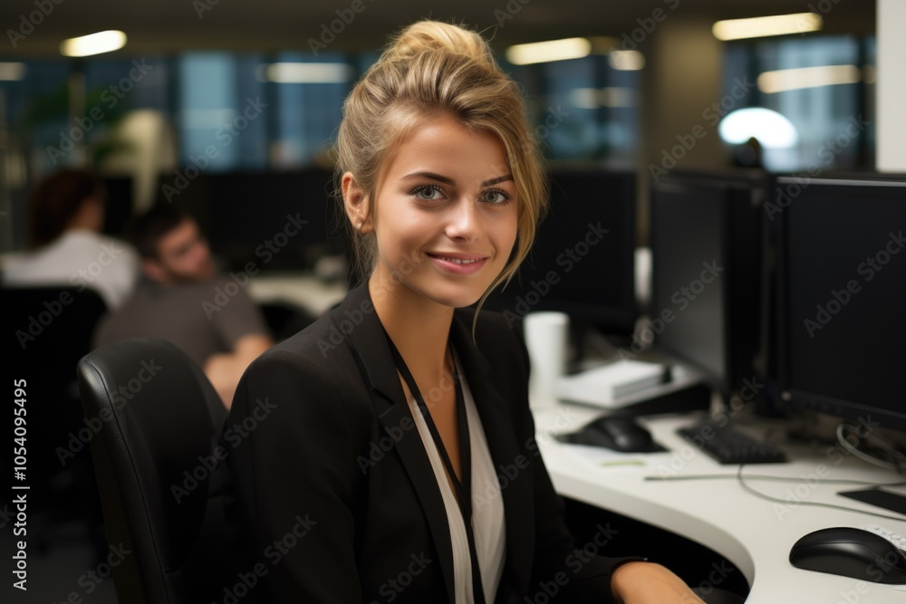 Poster woman in a business suit is smiling at the camera. she is sitting at a desk with a computer and a ke