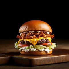 Testy and Juicy Cheeseburger on Wooden Table