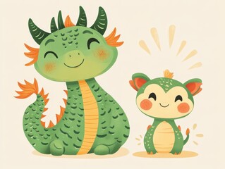 Fototapeta premium Illustration representing 2025, the year of the green wood dragon, featuring a cute dragon character against a solid color background for Chinese New Year celebrations.