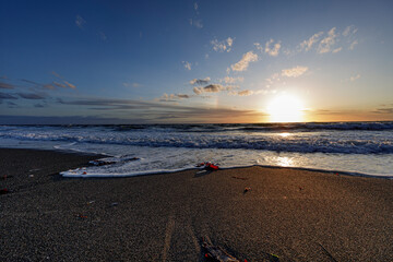 Whidbey Island, Washington beach just before sunset with wind and waves travel and tourism
