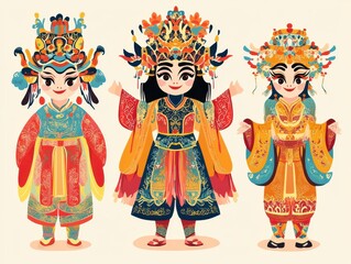 An illustration of traditional dancers in ornate costumes and masks performing Chinese dances to bring good fortune in the New Year, highlighting cultural richness and festive traditions.