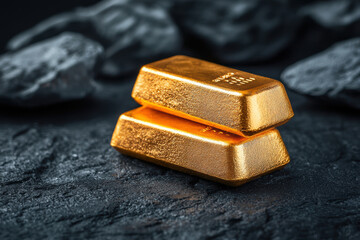 Gold bars symbolize wealth and stability, resting on textured surface with dark stones in background, reflecting sense of luxury and permanence
