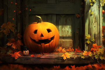Obraz premium Halloween Pumpkin Jack-o-lantern background, with fallen leaves in front of a house, on an autumnal backdrop, with a whimsical and playful feel 