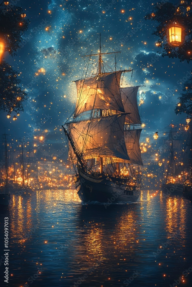 Poster a lone sailing ship illuminated by a starry sky and floating lanterns