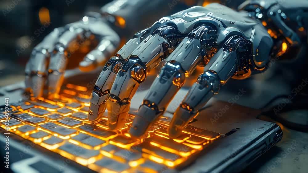 Aufkleber close-up of robot hands typing on a laptop keyboard
