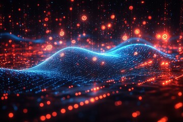 Obraz premium Abstract blue and red glowing particles forming a digital wave.