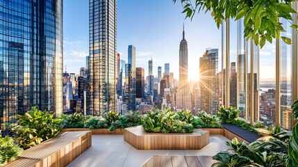 Fototapeta premium Verdant Escape: A panoramic view from the sky garden’s edge—lush foliage spills over planters, framing the cityscape below. Sunlight filters through leaves, dappling the wooden benches. The 