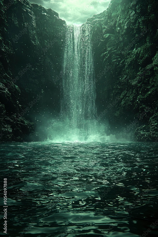 Poster a waterfall plunges into a deep green pool surrounded by lush cliffs