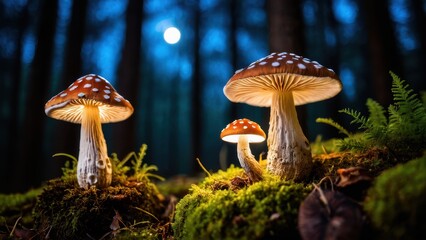 Fototapeta premium A whimsical group of mushrooms on a mossy forest floor, gently glowing with an ethereal light. A stunning representation of nature's magic and beauty.