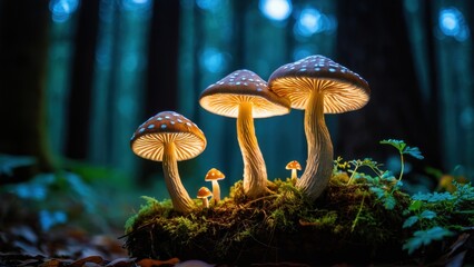 Fototapeta premium A whimsical group of mushrooms on a mossy forest floor, gently glowing with an ethereal light. A stunning representation of nature's magic and beauty.