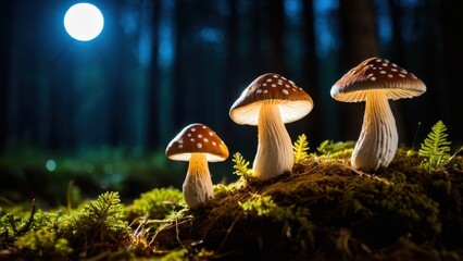 Fototapeta premium A whimsical group of mushrooms on a mossy forest floor, gently glowing with an ethereal light. A stunning representation of nature's magic and beauty.