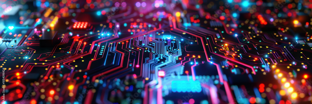 Poster a close-up of a colorful and illuminated circuit board, showcasing intricate pathways and glowing co