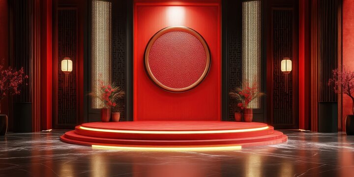 An 8K 3D podium background themed for Chinese New Year promotions. The illustration features traditional decorations and vibrant colors, ideal for marketing and product presentations.