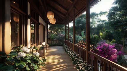 Flower-filled terrace of a traditional Thai house, wooden railings, and bamboo accents