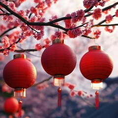 An illustration of red lanterns hanging from a cherry tree branch for Chinese New Year decoration, combining natural beauty with festive symbols.