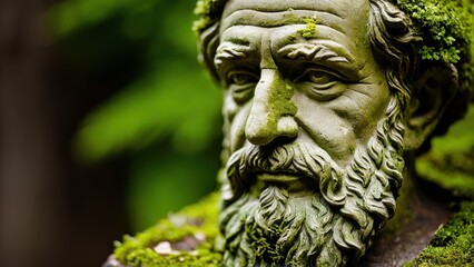 A moss-covered statue of an elderly man, weathered by time, blending harmoniously with the surrounding greenery. A captivating piece for garden or outdoor decor.