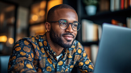 Fototapeta premium A young man with a beard smiles while looking at his laptop.