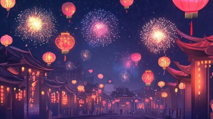 Obraz premium An illustration of Chinese New Year lanterns and fireworks, creating a vibrant and celebratory atmosphere for festive celebrations and designs.